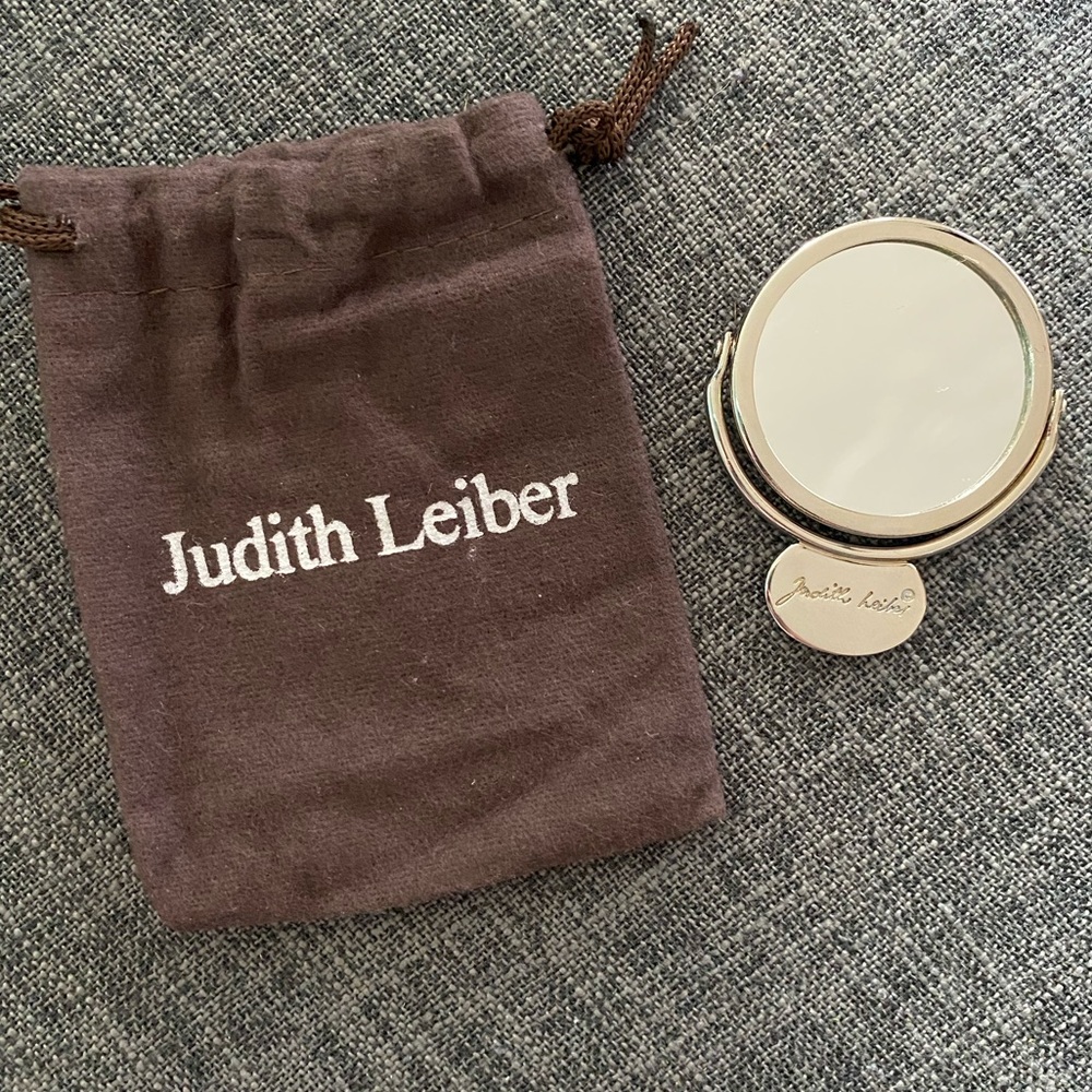 Judith Lieber silver tone travel mirror with dust bag